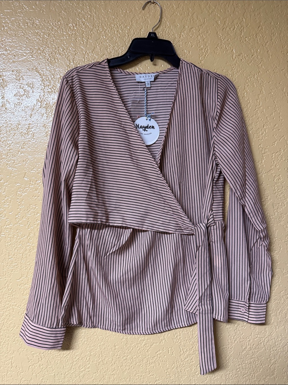 Hayden Striped Blush Wrap Top with Black Pinstripes